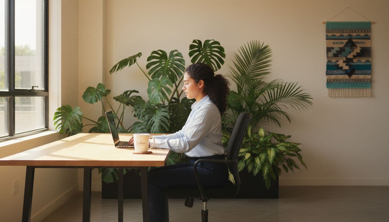 Side view of one person working at desk with computer, coffee mug, and tropical plants in background under natural light.