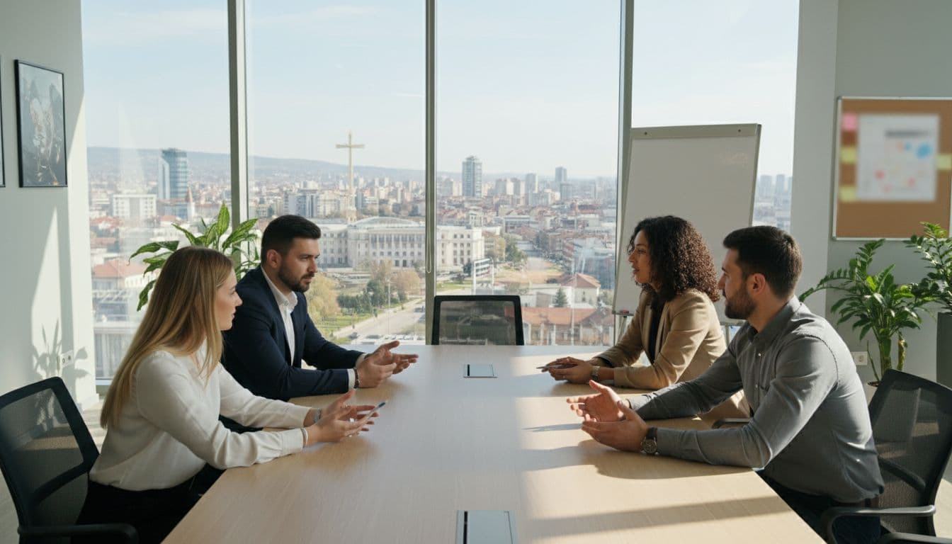 Four diverse professionals—two men, two women—sit around a table in a modern Skopje office, hands relaxed on table, city skyline through window in natural daylight.