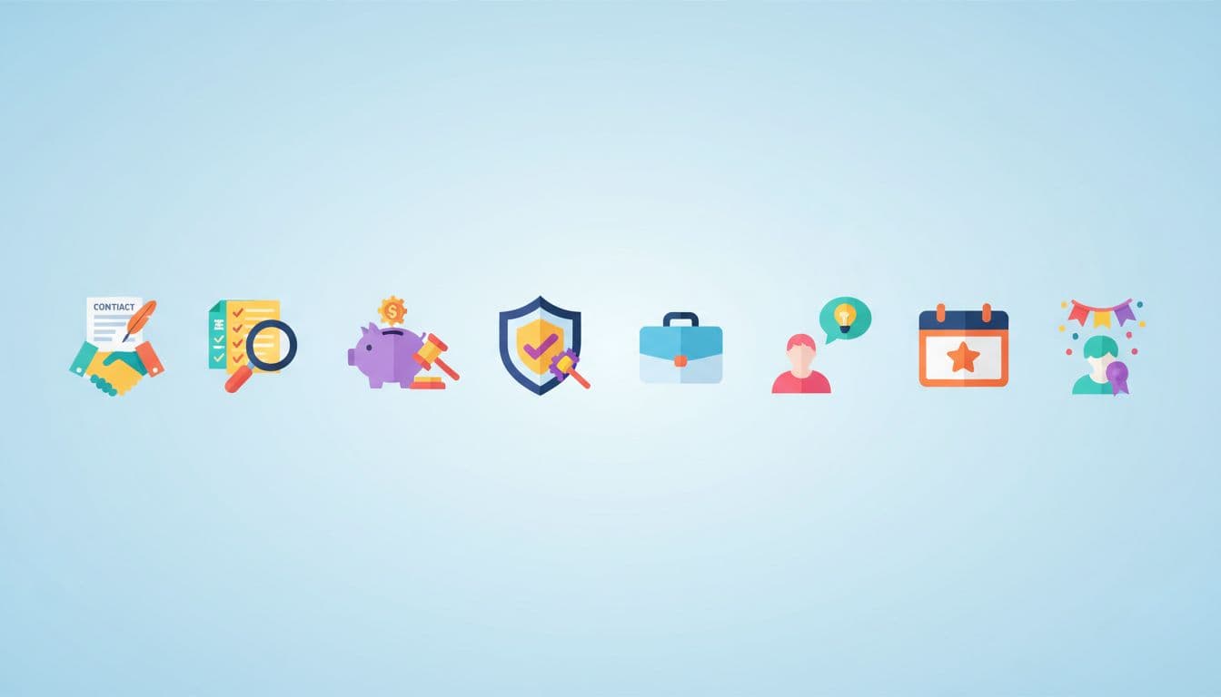 Eight evenly spaced flat icons of hiring steps on a colorful digital board.