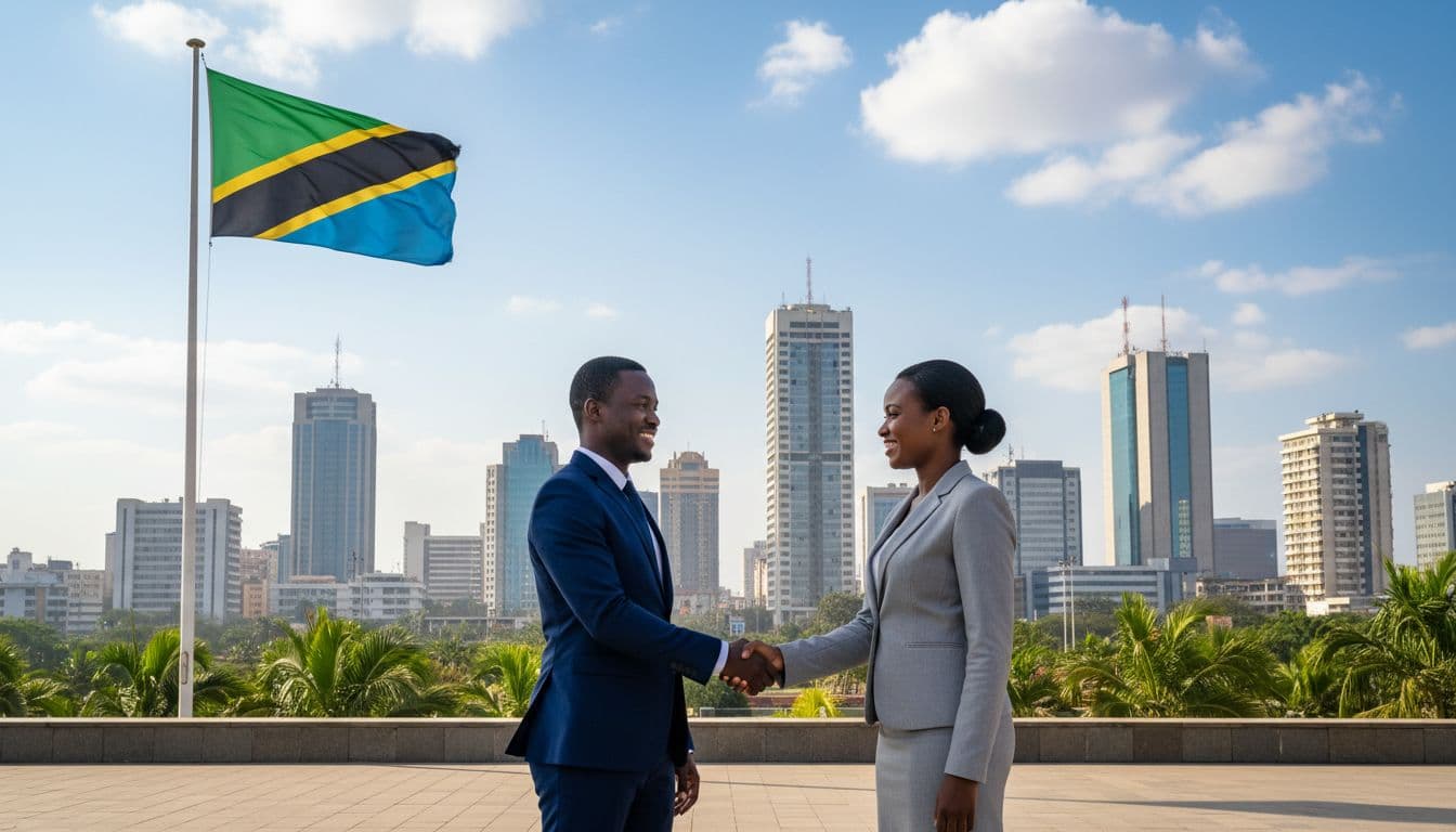 Two business professionals shake hands in front of waving Tanzanian flag and Dar es Salaam skyline on sunny day.