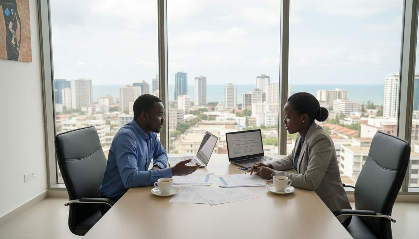 Two diverse professionals review hiring documents with laptops and coffee in modern Dar es Salaam office.
