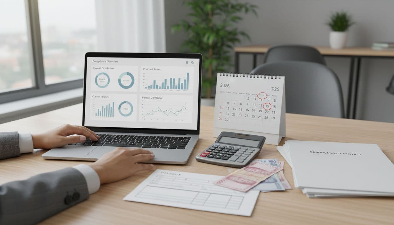 Clean desk holds contract papers, Tanzanian shillings notes, calculator, 2026 calendar, payroll slip, and laptop compliance dashboard; hands rest relaxed.