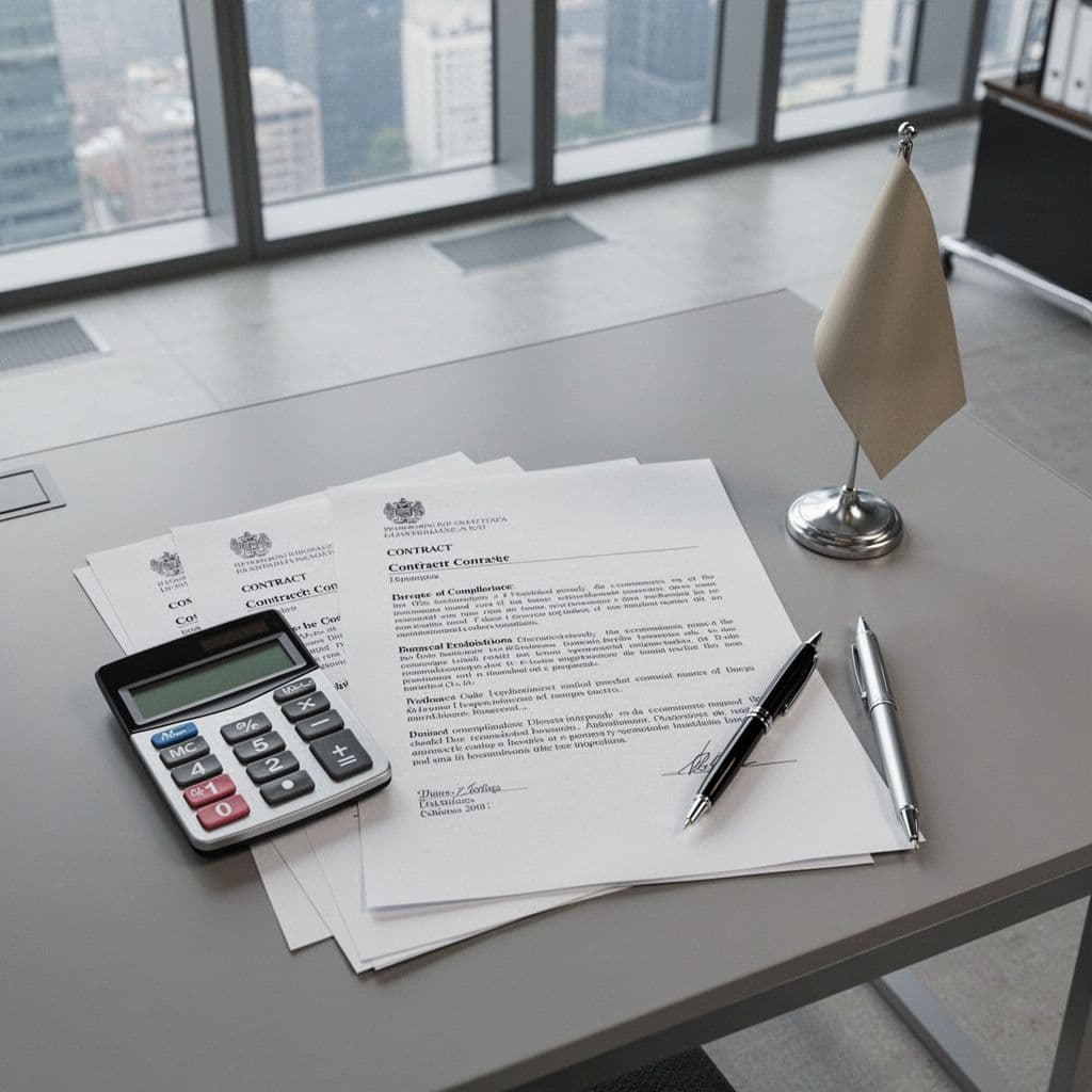Top-down view of modern office desk with Ugandan employment papers, calculator, pen, and small flag.