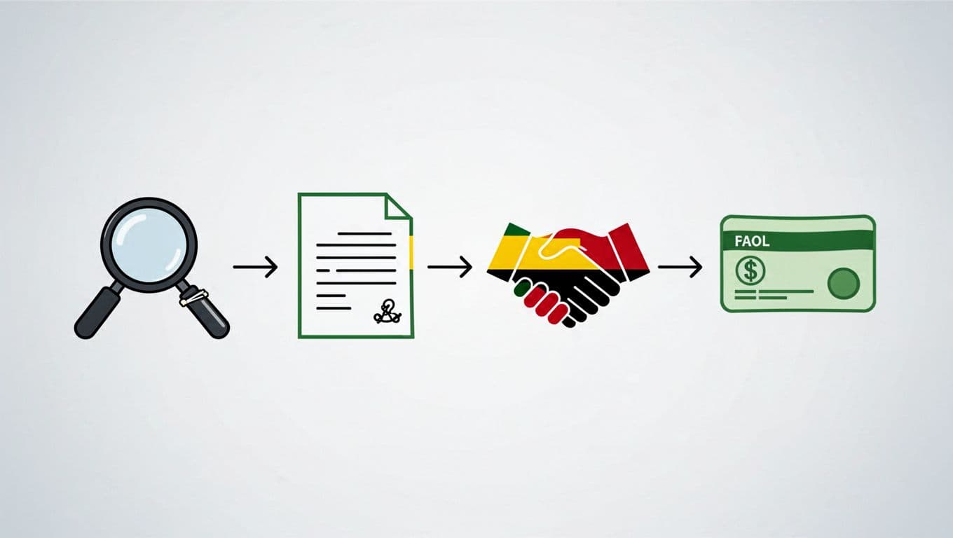 Abstract icons for candidate search, contract signing, onboarding handshake, and payroll check connected by arrows in green, yellow, black, red.