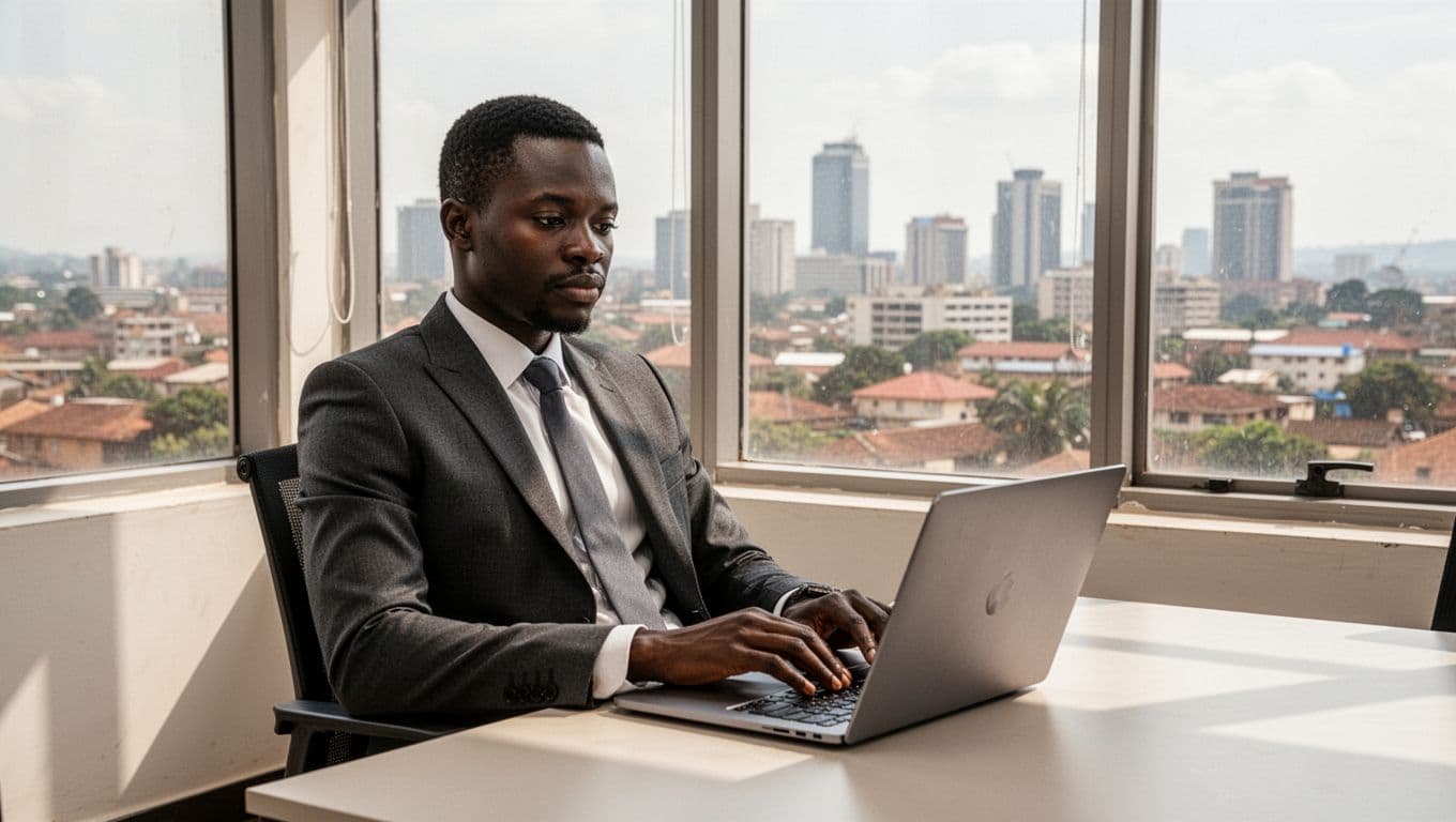 Ugandan professional in business attire works relaxed at laptop in bright Kampala office with skyline view.