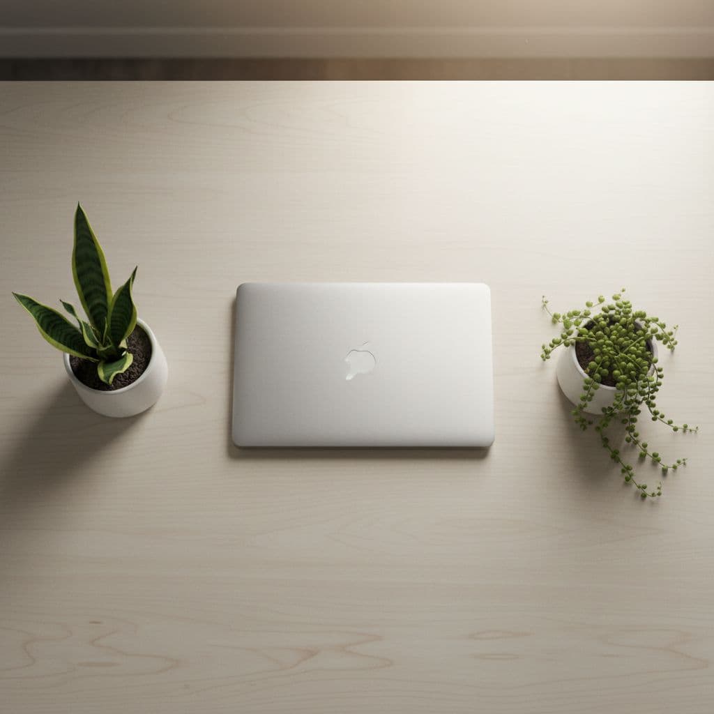 A top-down view shows a clean wooden table surface featuring a sleek laptop placed centrally. Fresh green plants are arranged neatly beside it to create a professional and serene working environment.
