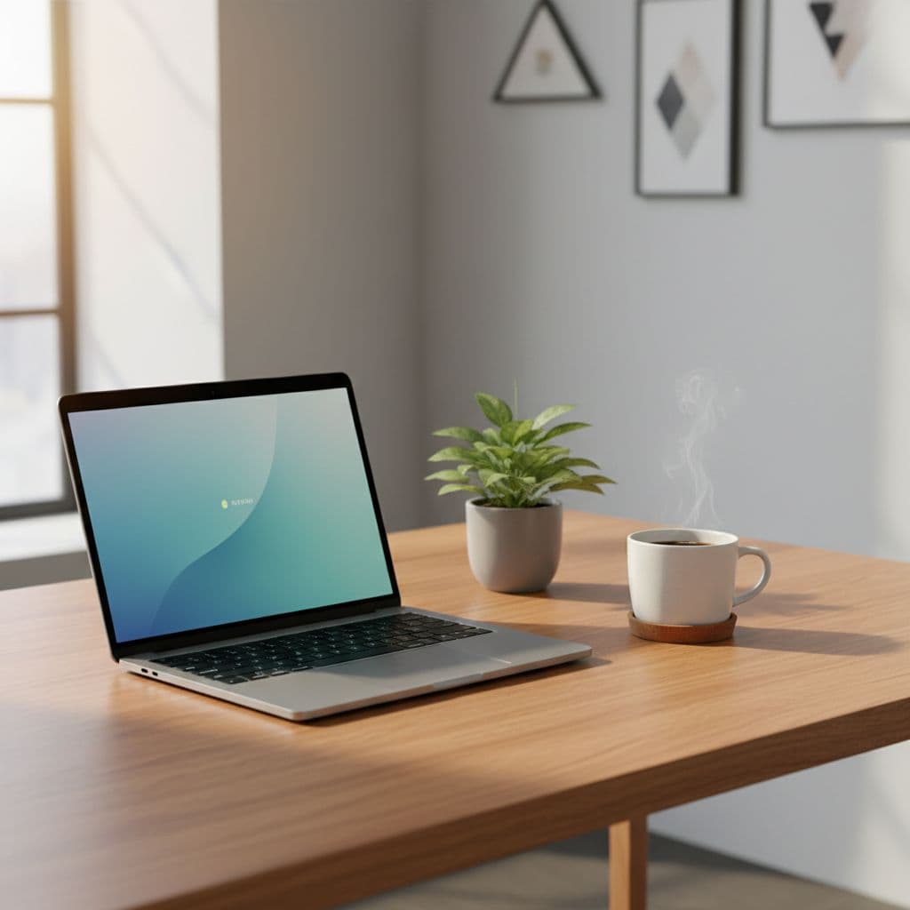 A clean wooden desk holds a modern open laptop, a small green houseplant, and a ceramic coffee mug. Warm sunlight streams across the organized surface, highlighting a professional and efficient workspace.
