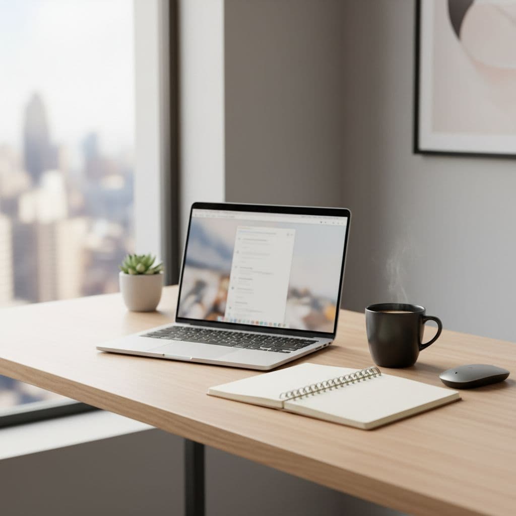 A sleek silver laptop rests on a clean wooden desk surface next to an open paper notebook and a steaming mug. Soft sunlight streams across the organized workspace from a nearby window.