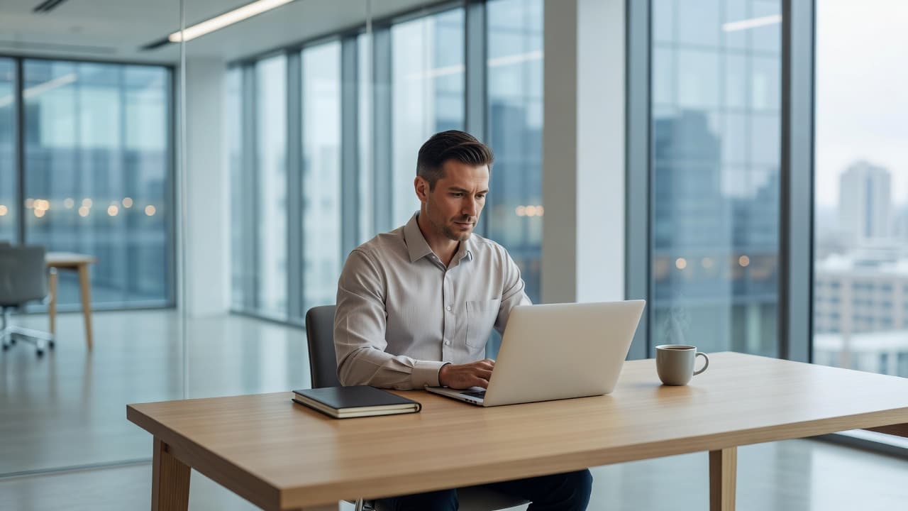 A focused professional works at a sleek desk using a laptop and notepad in a bright office. A steaming mug sits nearby while soft lighting highlights the organized, modern work environment.
