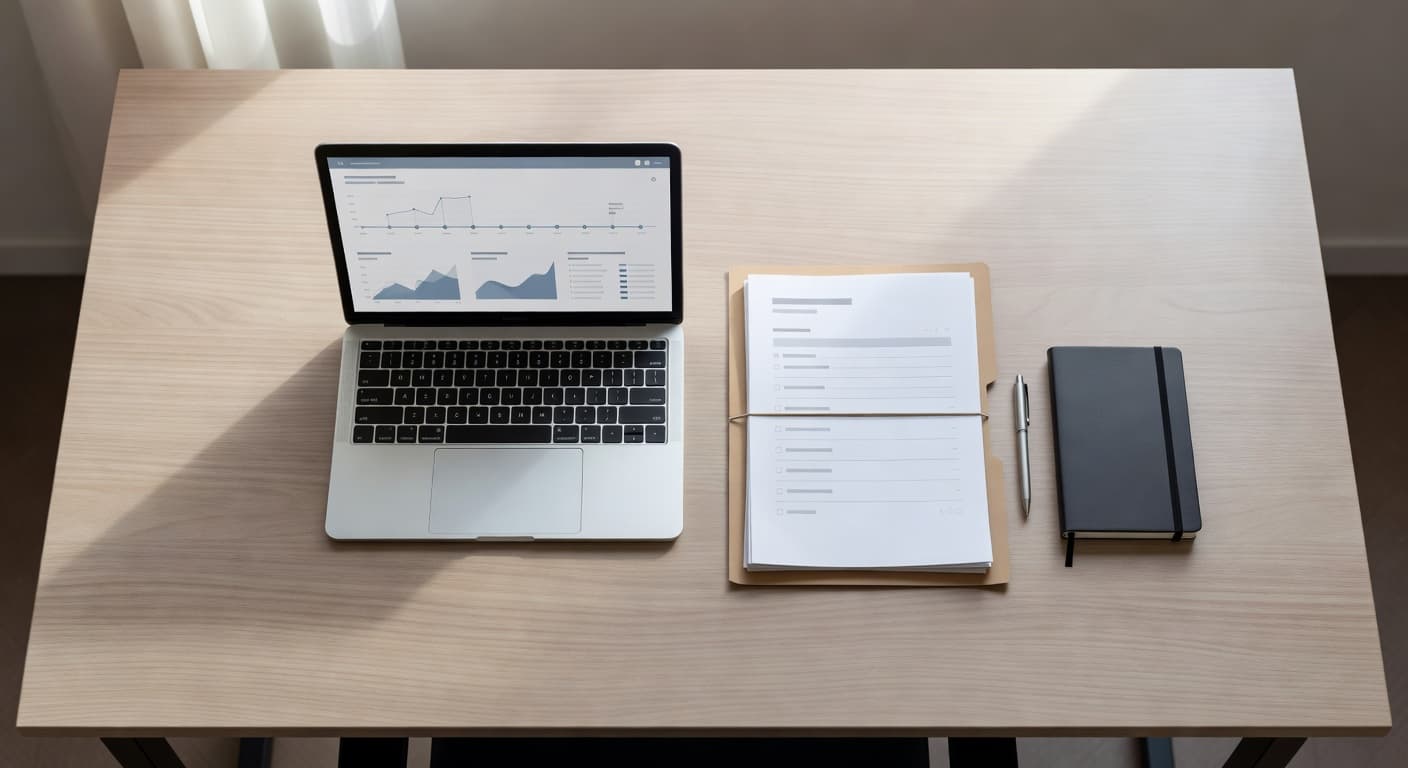 A top-down view shows a clean desk surface with a sleek laptop positioned next to a neatly organized file folder. Soft natural light illuminates the tidy workspace from the side.