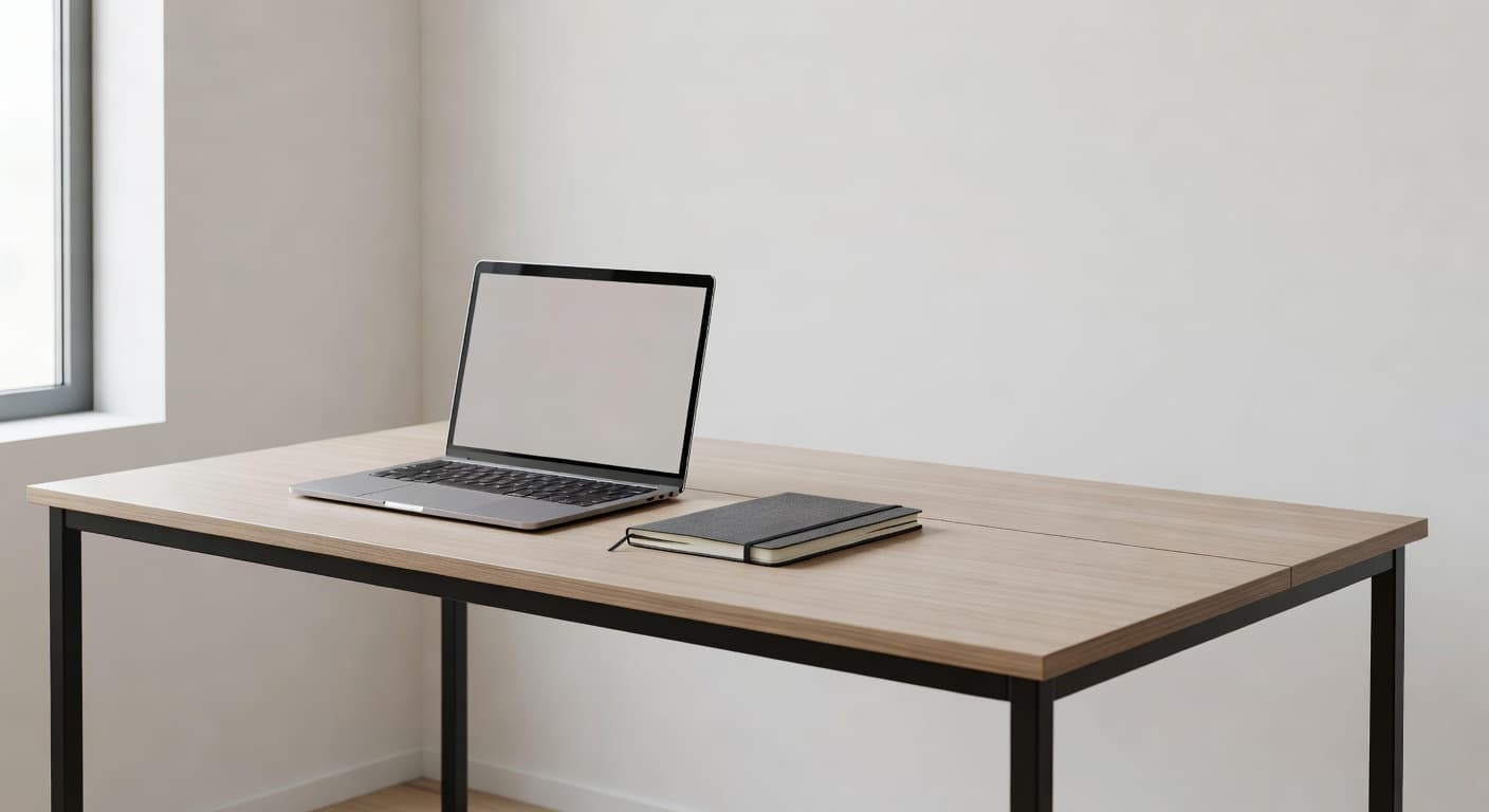 A sleek silver laptop sits open beside an organized leather notebook on a white surface. Soft natural light illuminates the clean desk setup, creating an inviting space for global business expansion.