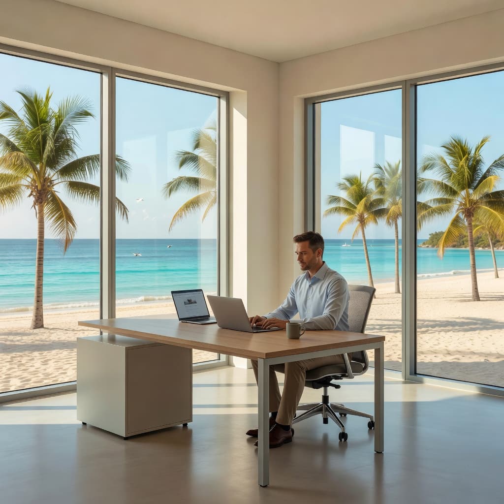 A focused professional sits at a sleek desk within a minimalist office, illuminated by soft natural sunlight. Expansive floor-to-ceiling windows frame a vibrant coastal landscape featuring lush palm trees and sand.